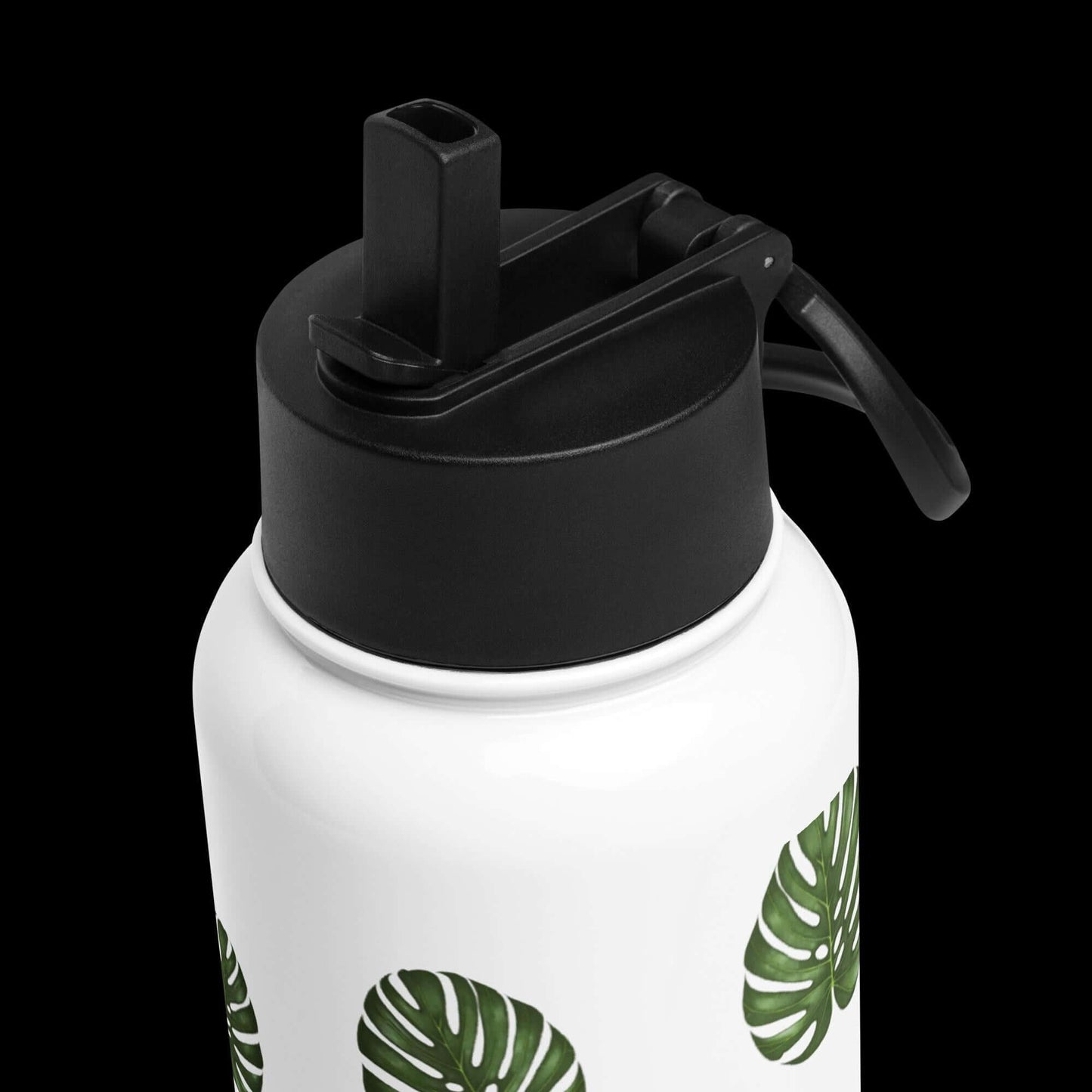 Detail corner from above: Premium quality and stylish design of the monstera water bottle.