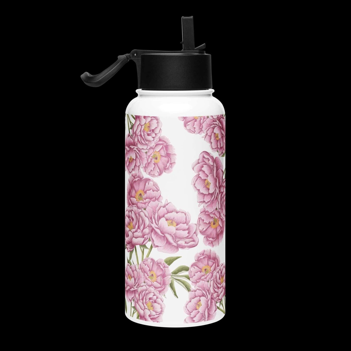 Side view with dark background: Modern design of the peony water bottle, standing out against a dark background.