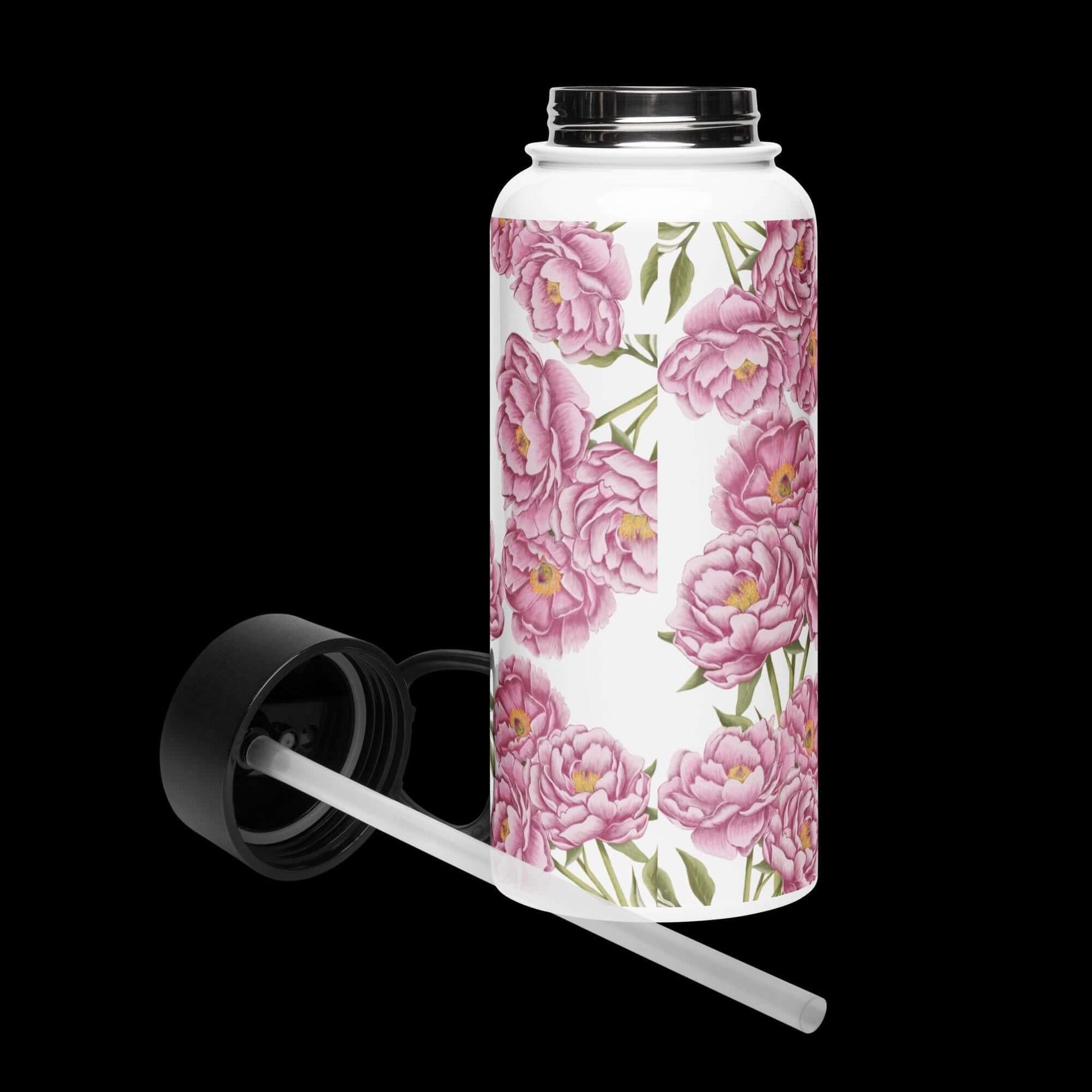 Front view lid open: Spacious interior of the peony water bottle, ready to be filled with your favorite beverage.