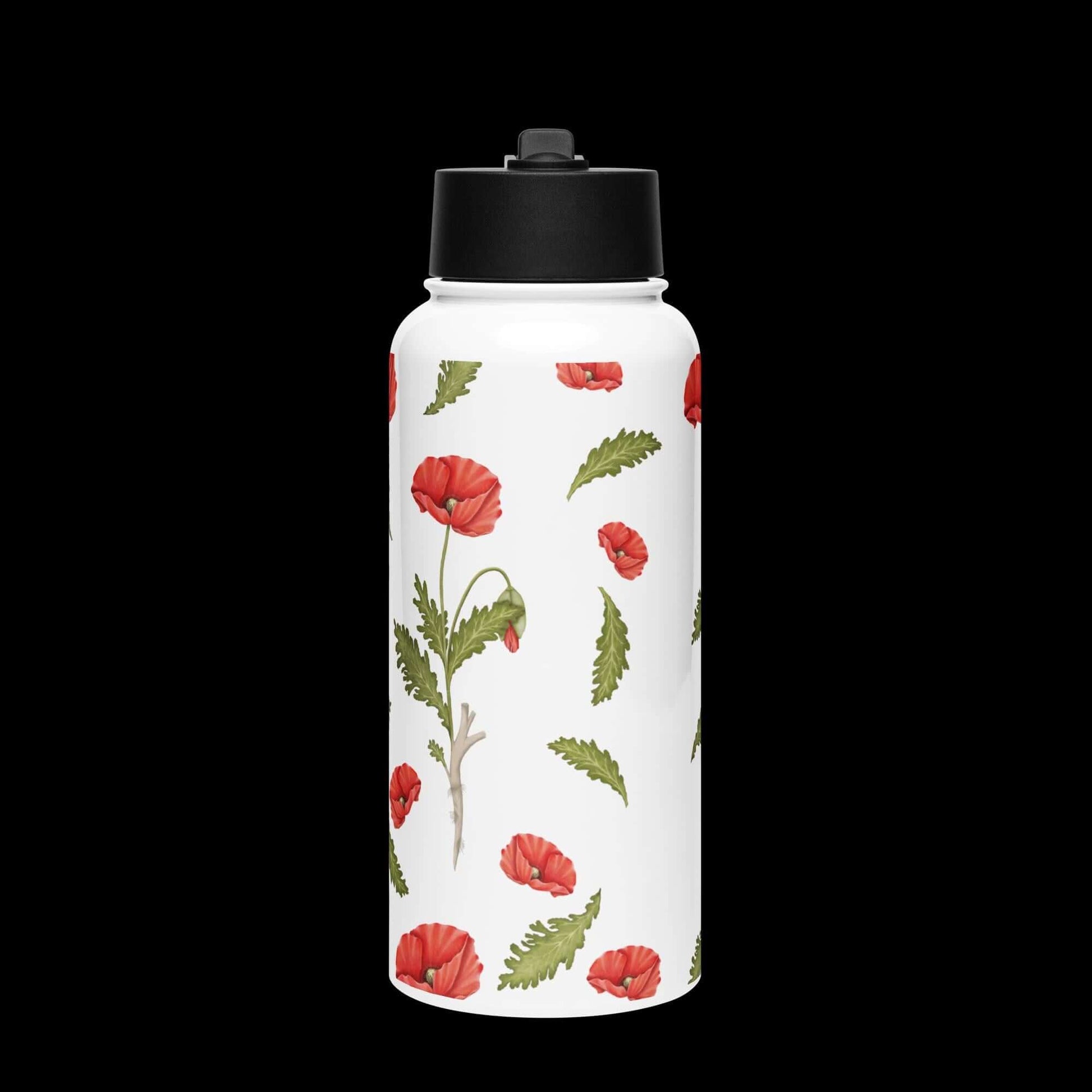 Front view with dark background: Bold and eye-catching poppy water bottle, highlighted against a dark backdrop.