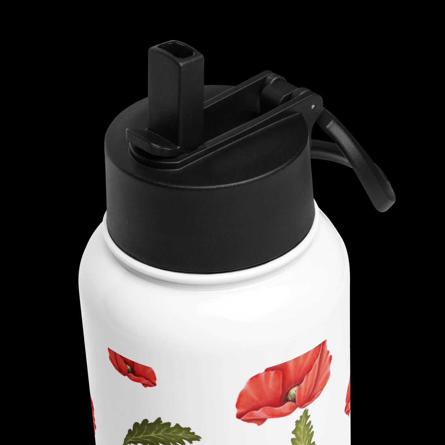 Detail corner from above: Premium quality and stylish design of the poppy water bottle.