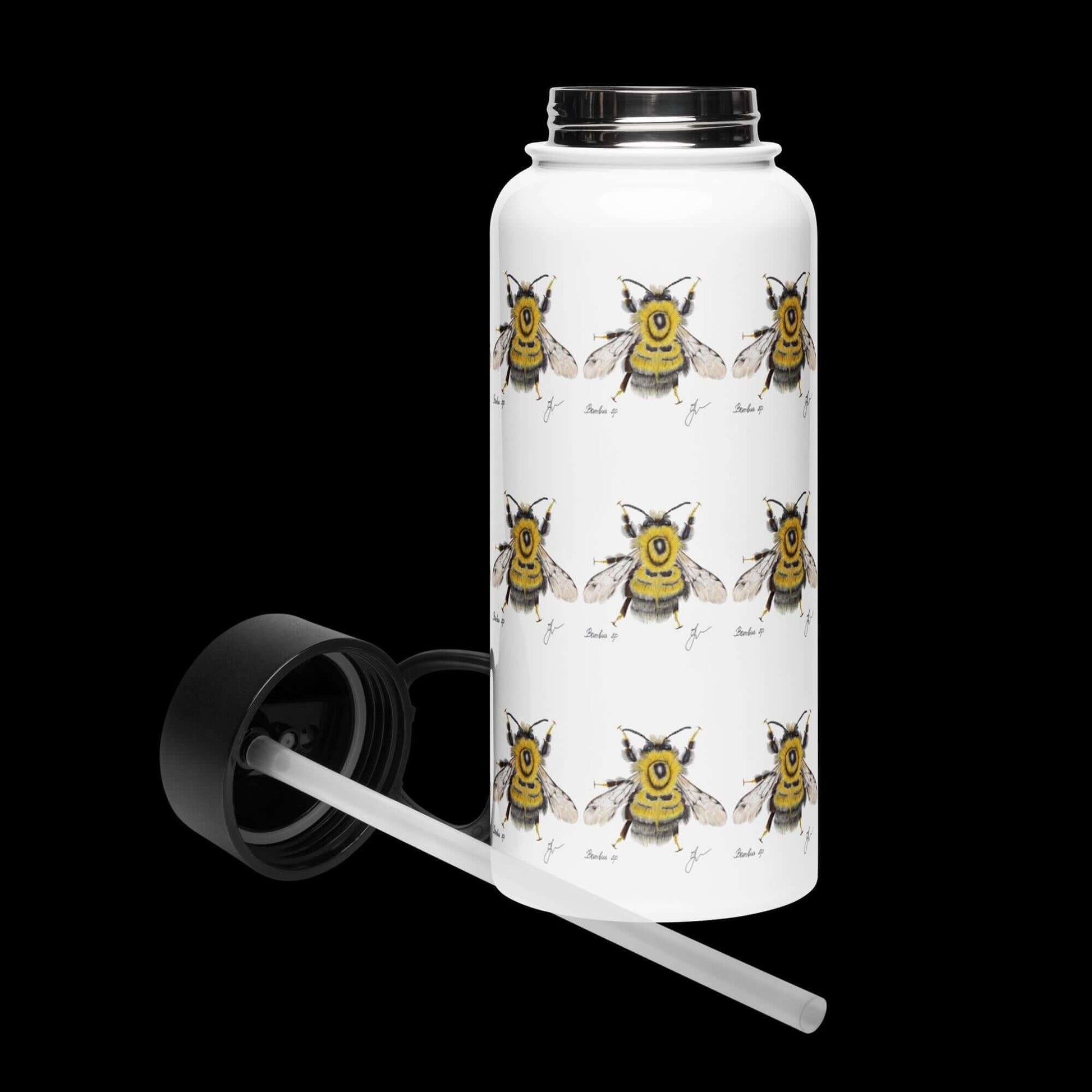 Front view lid open: Spacious interior of the Bumblebee water bottle, ready to hold your favorite drink.