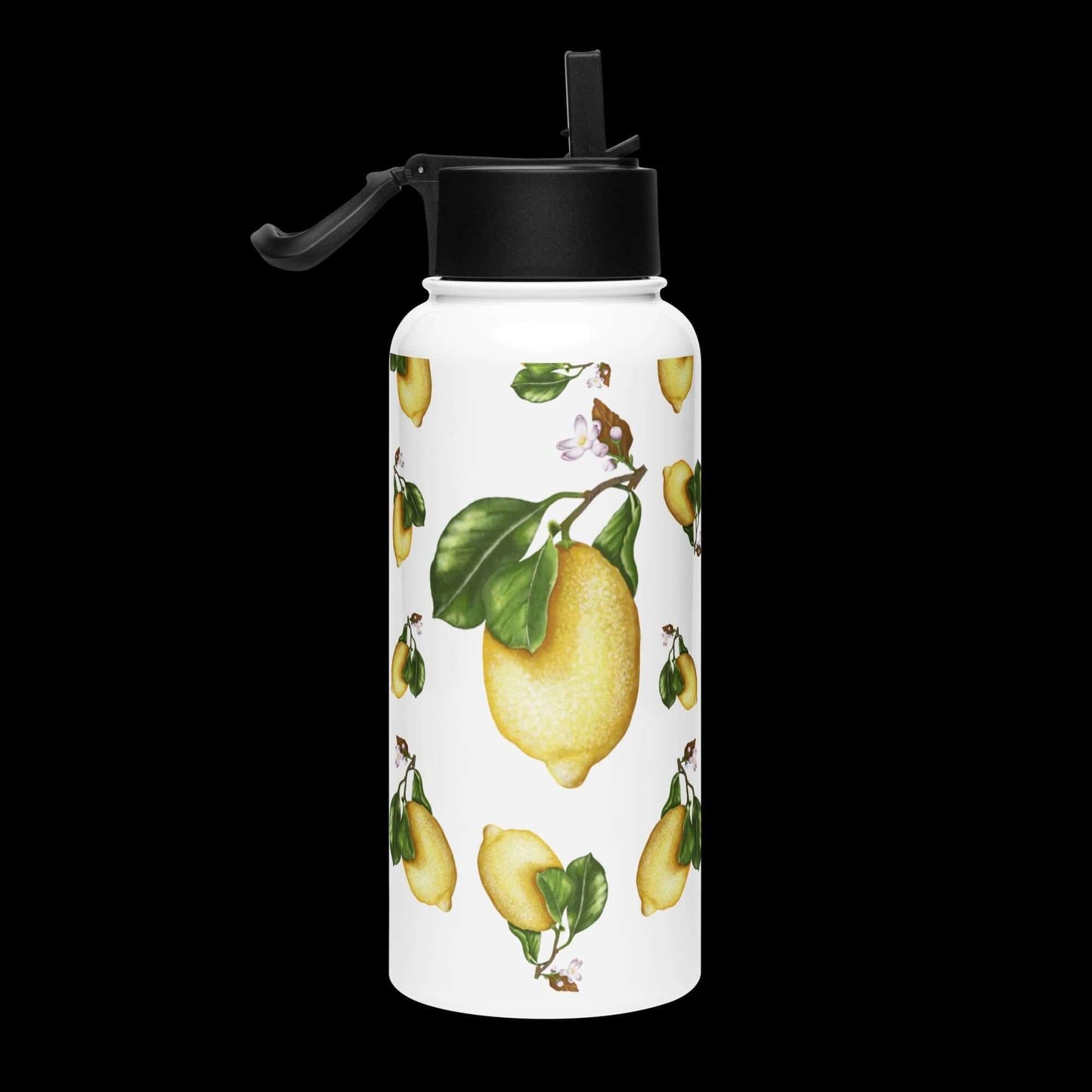 Side view with dark background: Bold and eye-catching lemon water bottle, standing out against a dark background.