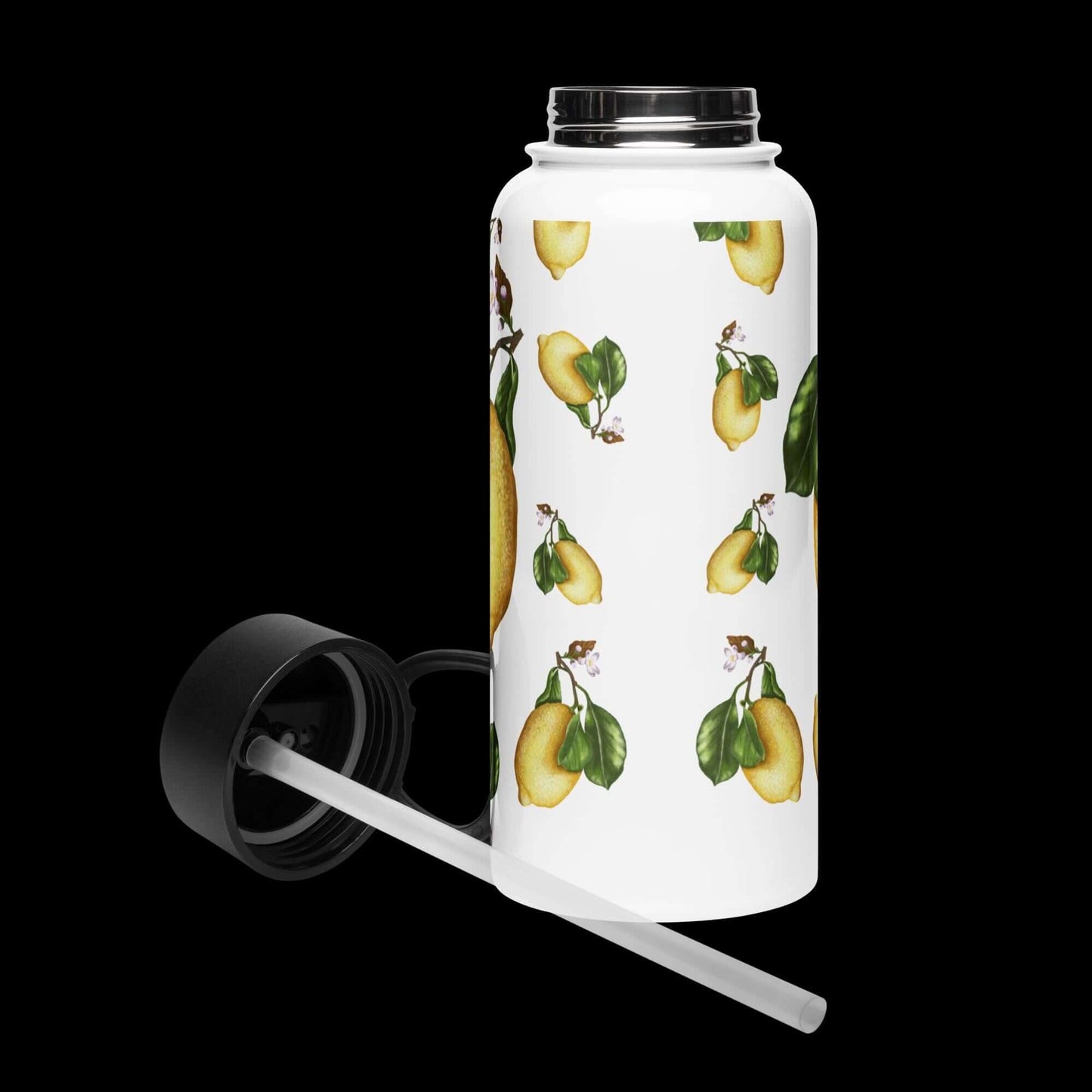 Front view lid open: Spacious interior of the lemon water bottle, ready to hold your favorite drink.