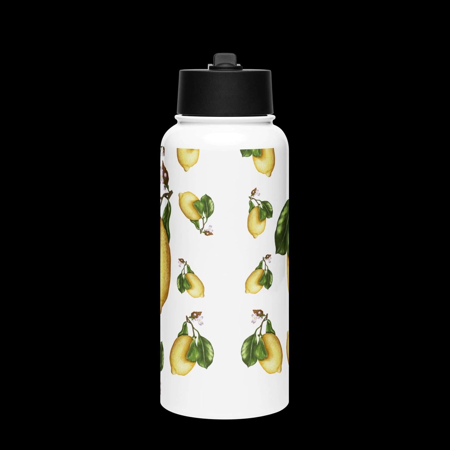 Front view with dark background: Bright and cheerful lemon water bottle, standing out against a dark background.