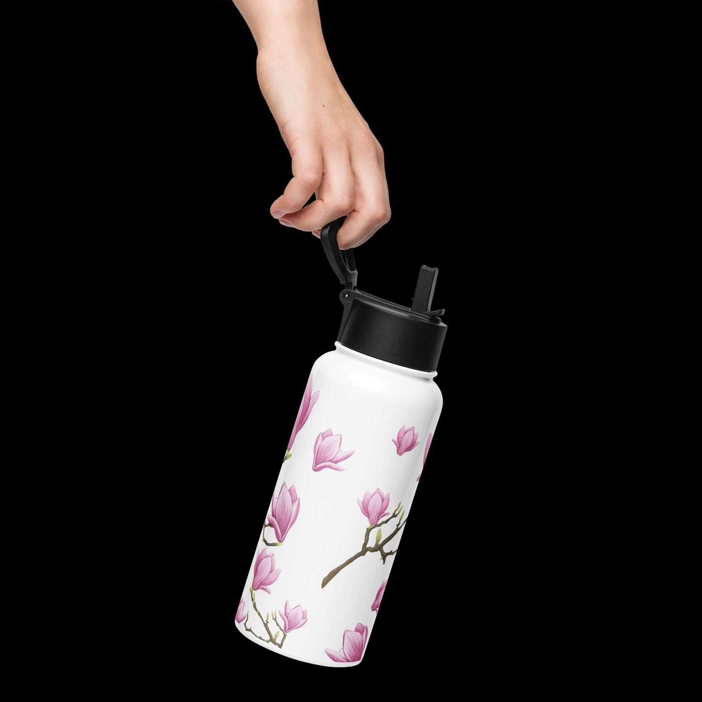 Held by one hand: Ergonomic design of the magnolia water bottle, easy to carry on the go.