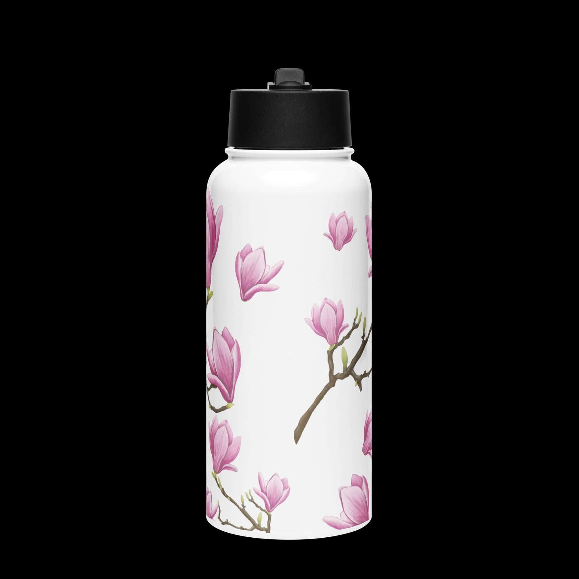 Front view with dark background: Elegant magnolia water bottle, highlighted against a dark backdrop.