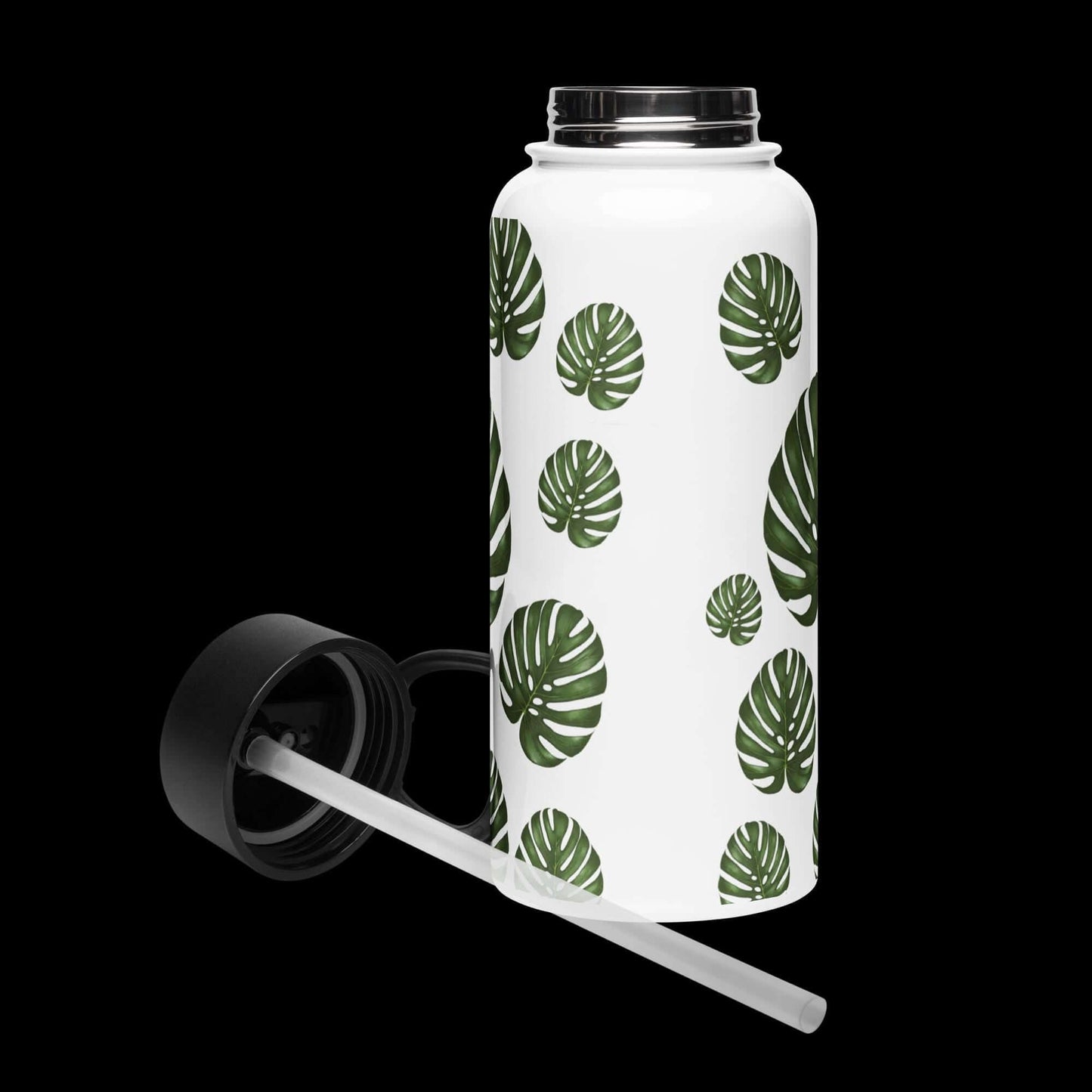 Front view lid open: Spacious interior of the monstera water bottle, ready to hold your favorite drink.