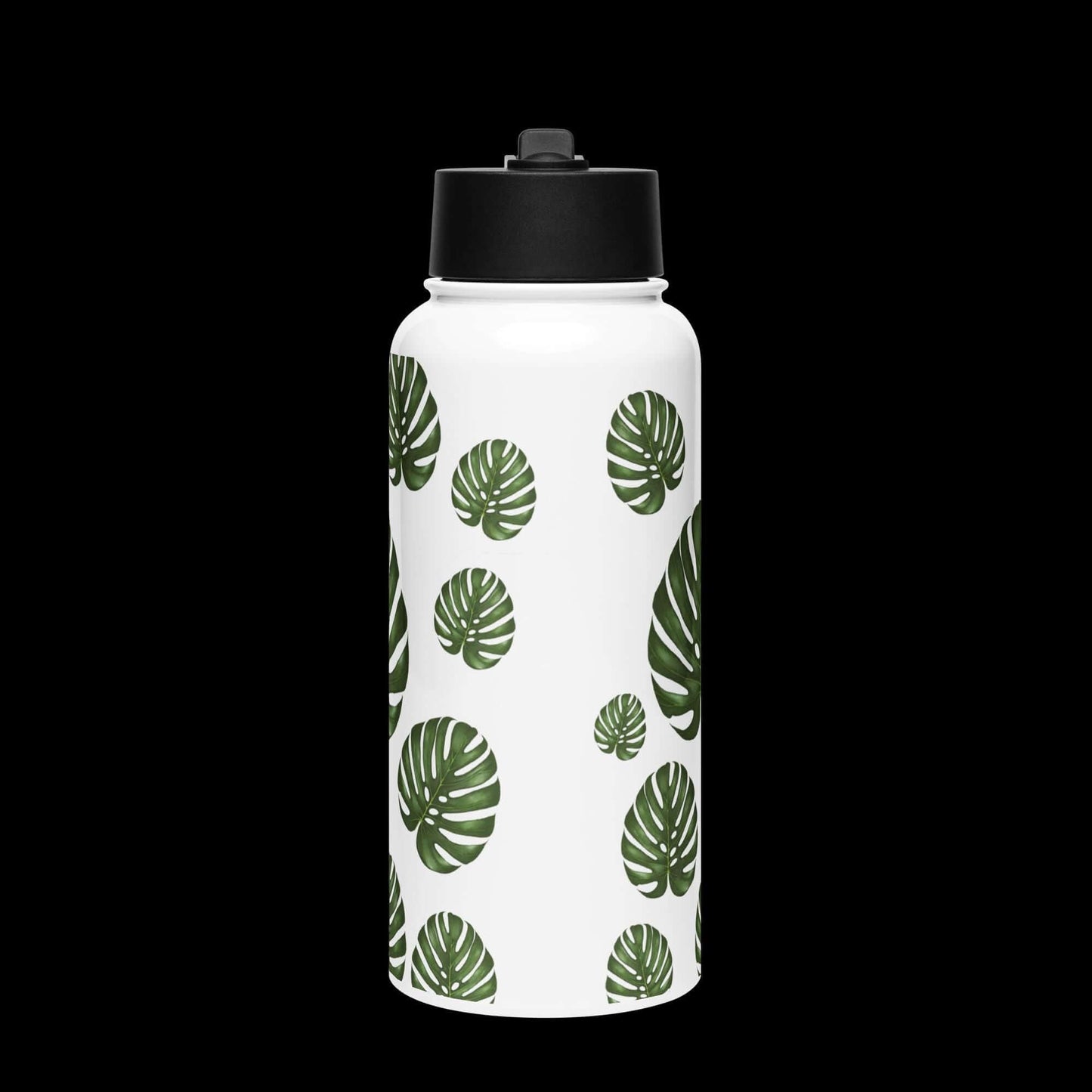 Front view with dark background: Bold and vibrant monstera water bottle, highlighted against a dark backdrop.