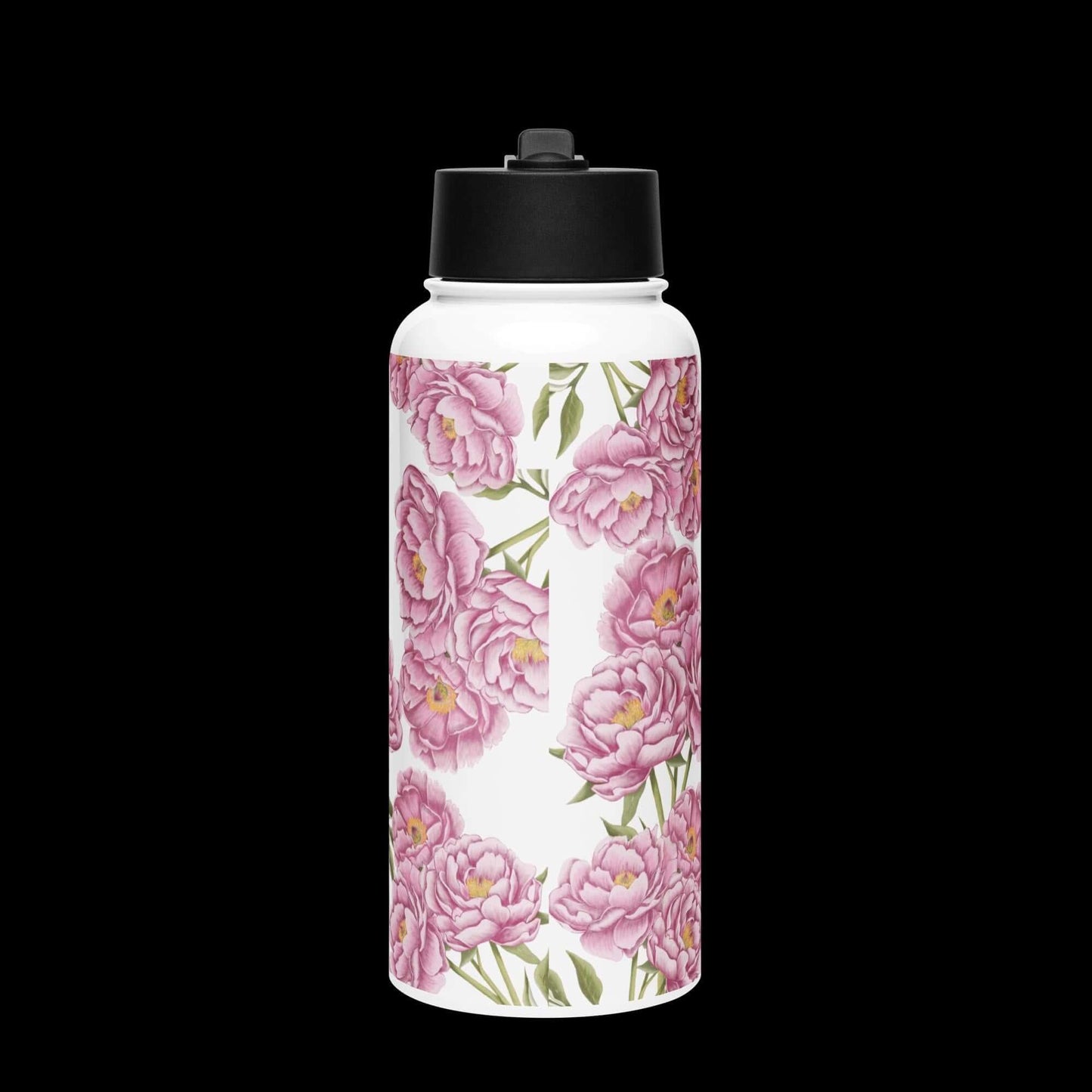 Front view with dark background: Elegant peony water bottle, highlighted against a dark backdrop.