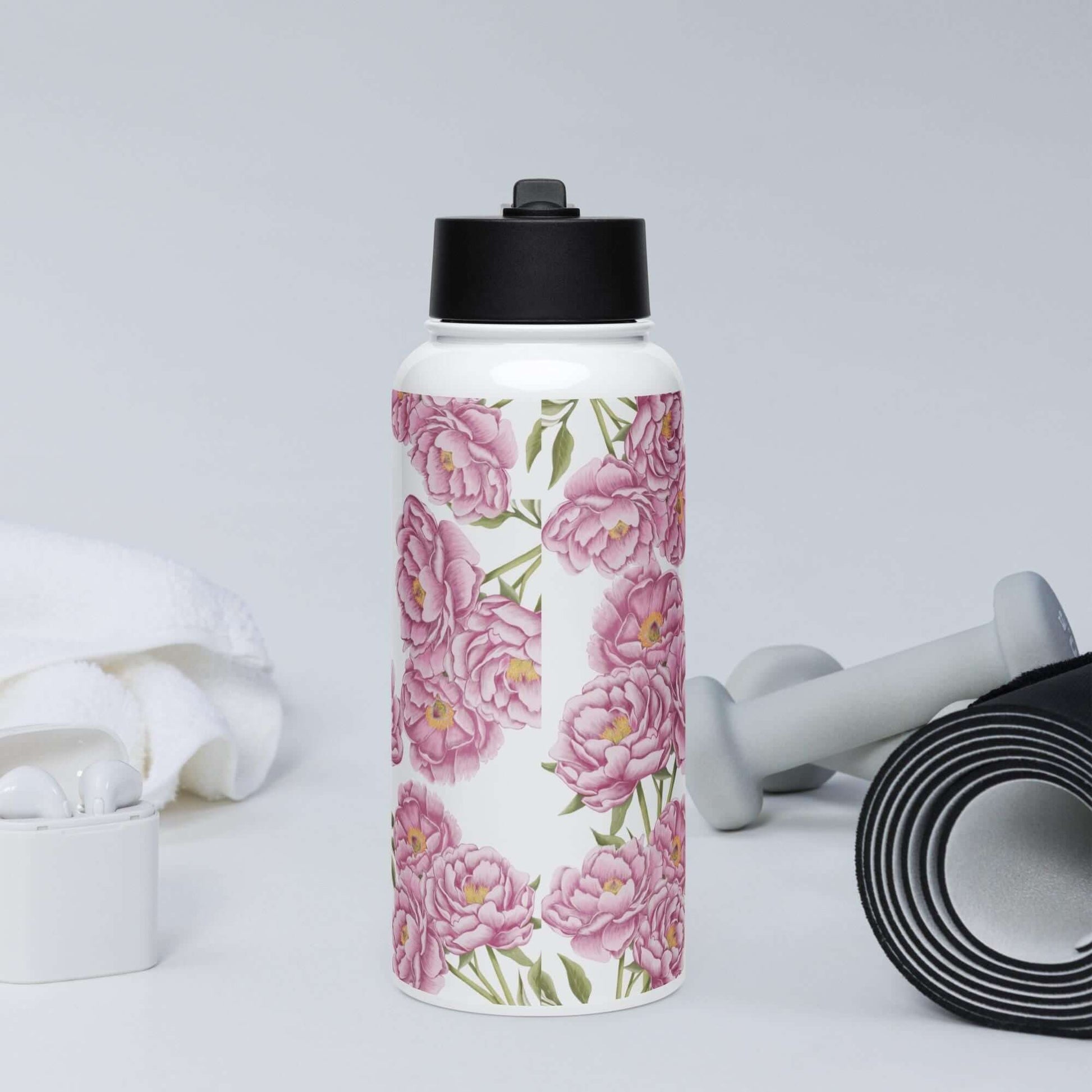 Front view in the gym: Stylish peony water bottle, adding a touch of femininity to your workout routine.