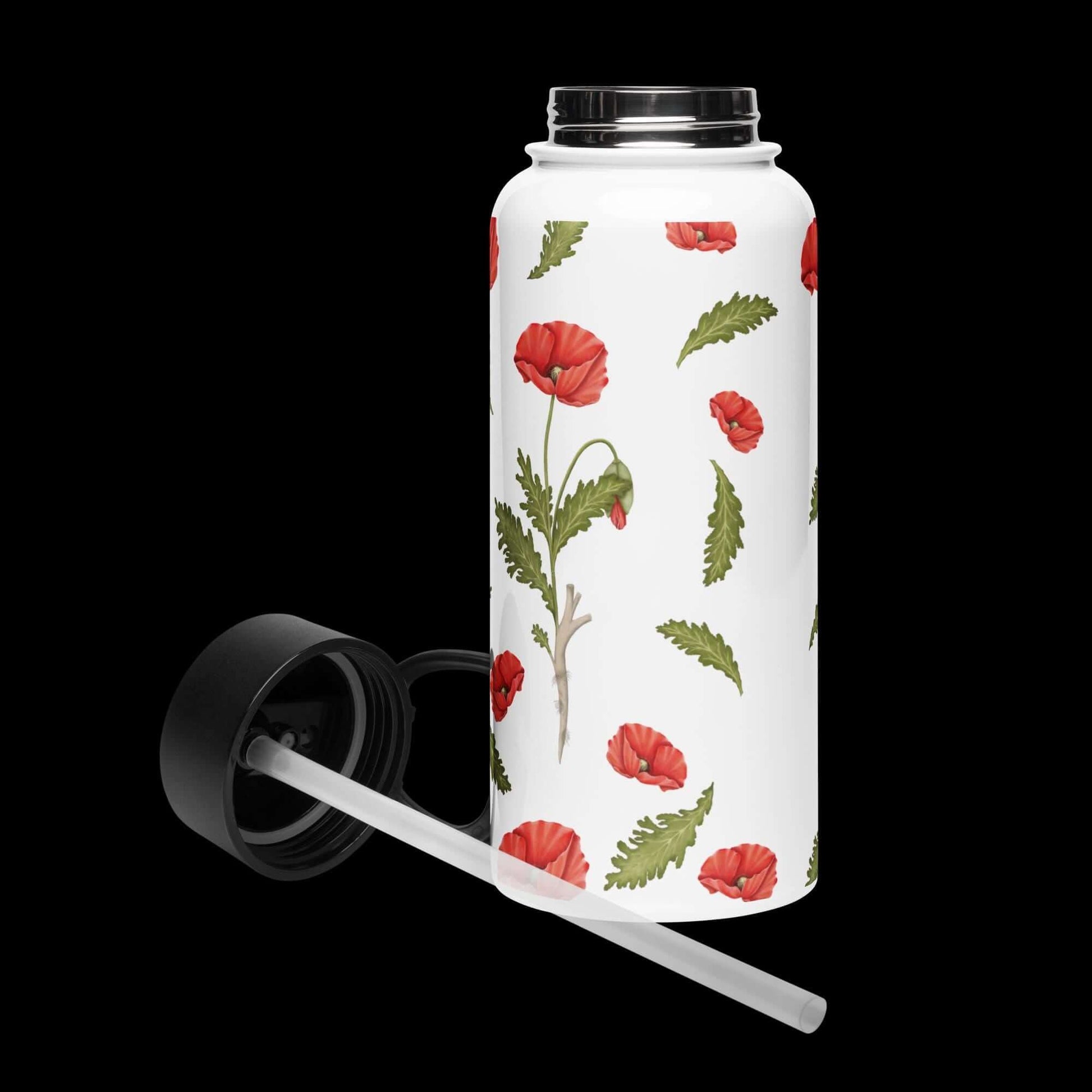 Front view lid open: Spacious interior of the poppy water bottle, ready to hold your favorite drink.