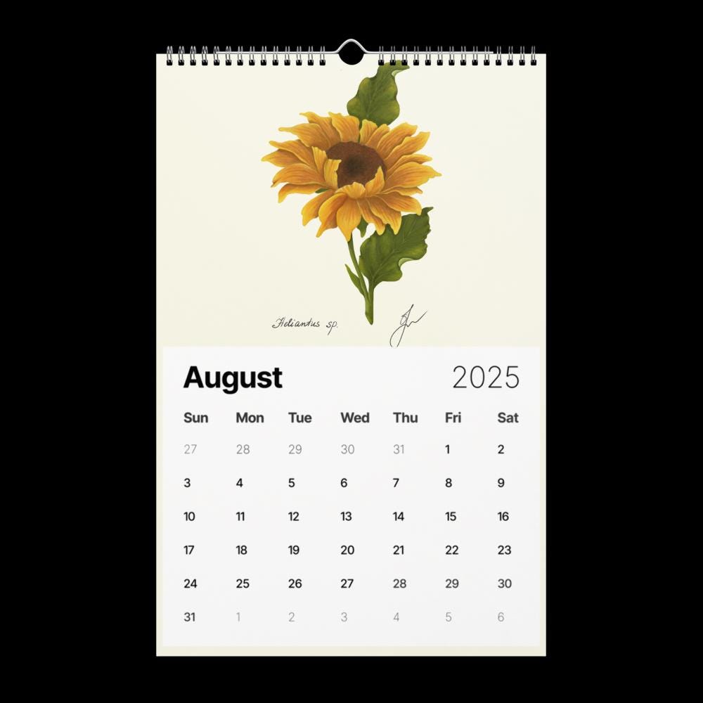 Wall Calendar 2025 - hand drawn sunflower for August 2025 - cottagecore style