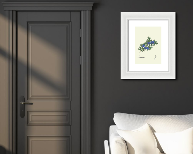 juniper white framed print on dark wall