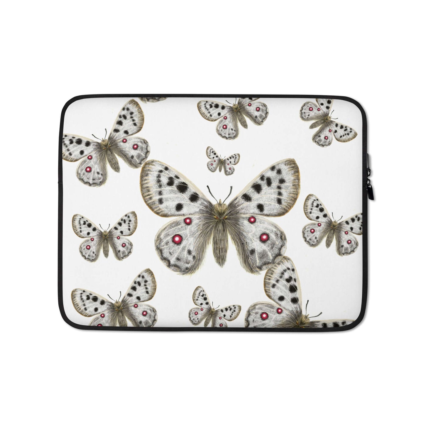 A white laptop sleeve featuring a pattern of Apollo butterflies in shades of brown and white with red dots. The sleeve is open, revealing a laptop inside.	laptop sleeve frontal view