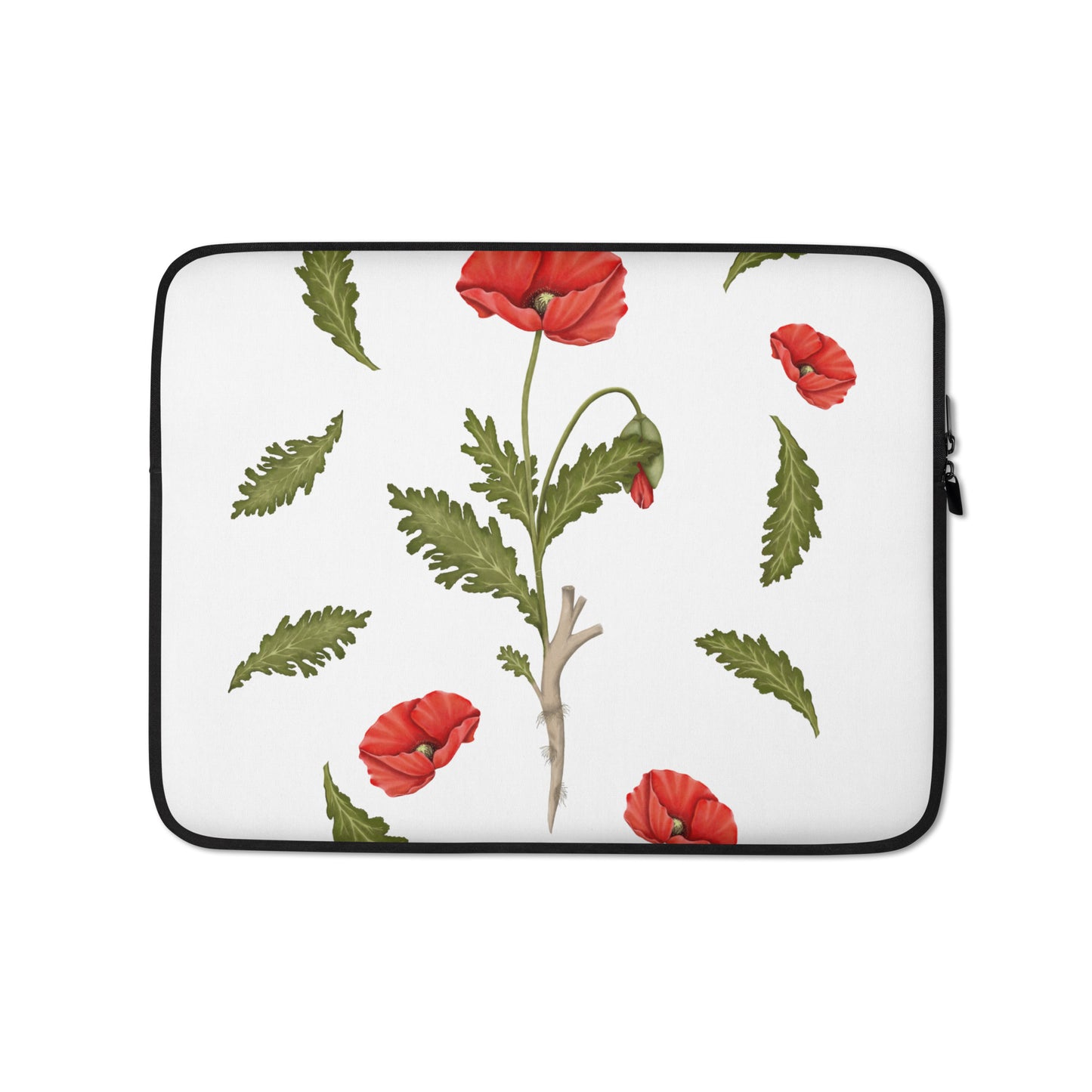 A laptop sleeve featuring a vibrant pattern of red poppies	laptop sleeve frontal view