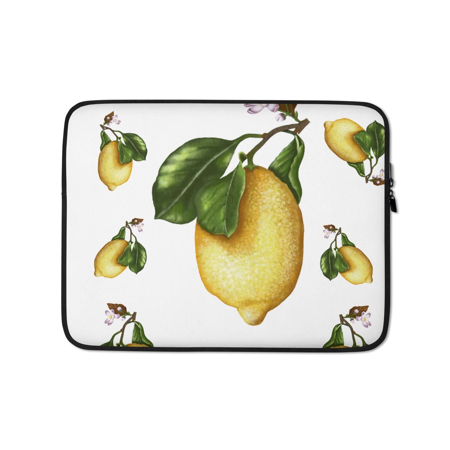 A laptop sleeve with a vibrant pattern of lemons, leaves, and blossoms.	laptop sleeve frontal view