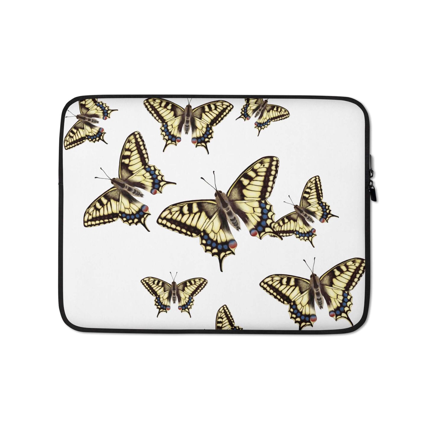 A laptop sleeve featuring a pattern of colorful Machaon butterflies.	laptop sleeve frontal view
