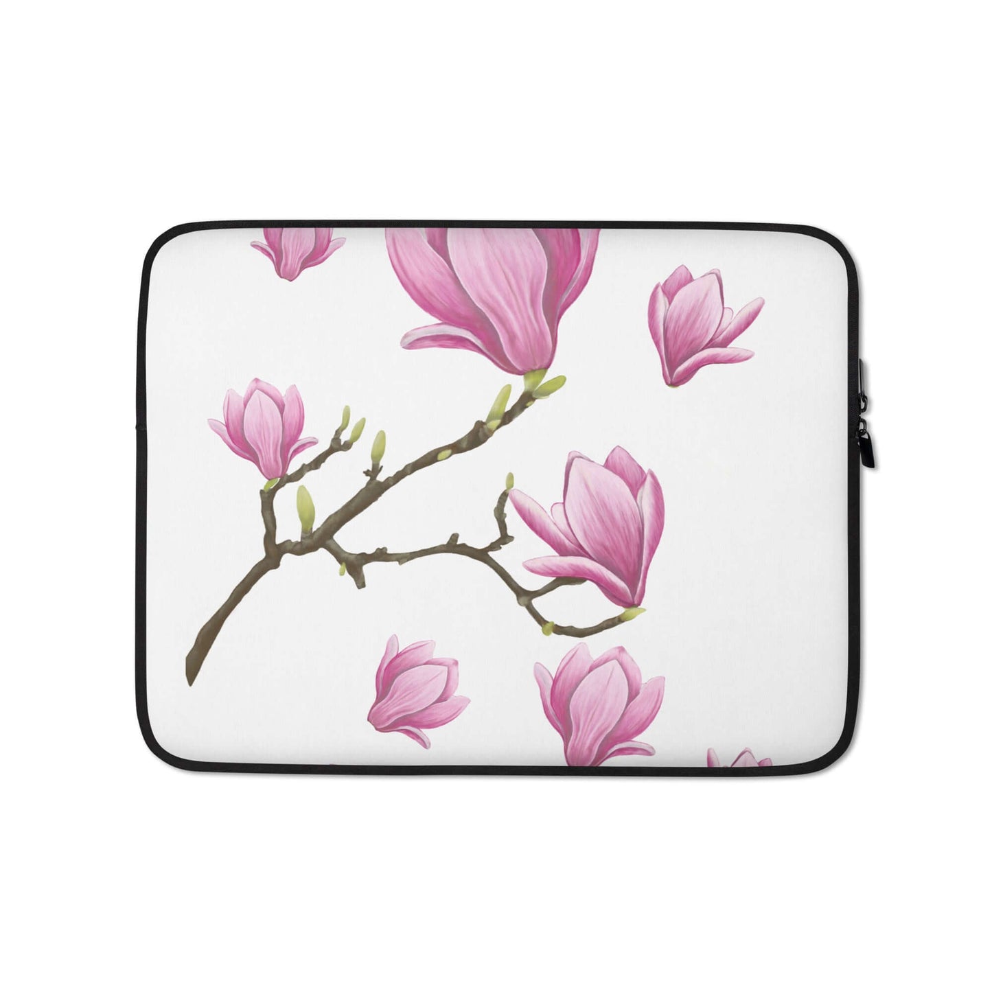 A laptop sleeve featuring a delicate illustration of pink magnolia blossoms.	laptop sleeve frontal view
