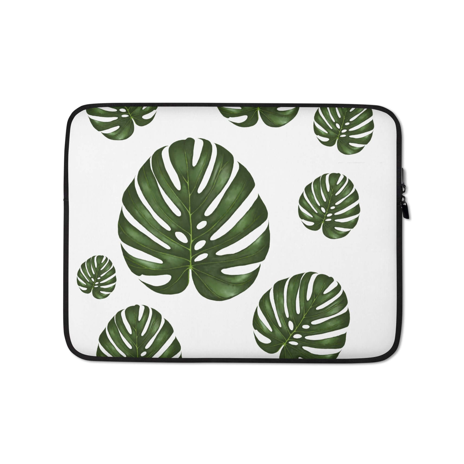 A laptop sleeve with a tropical pattern of Monstera leaves.	laptop sleeve frontal view