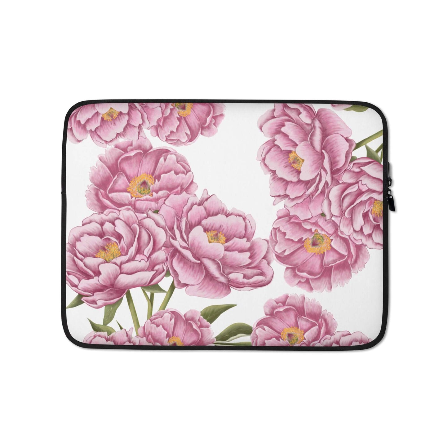 A laptop sleeve featuring a vibrant pattern of pink peonies.	laptop sleeve frontal view
