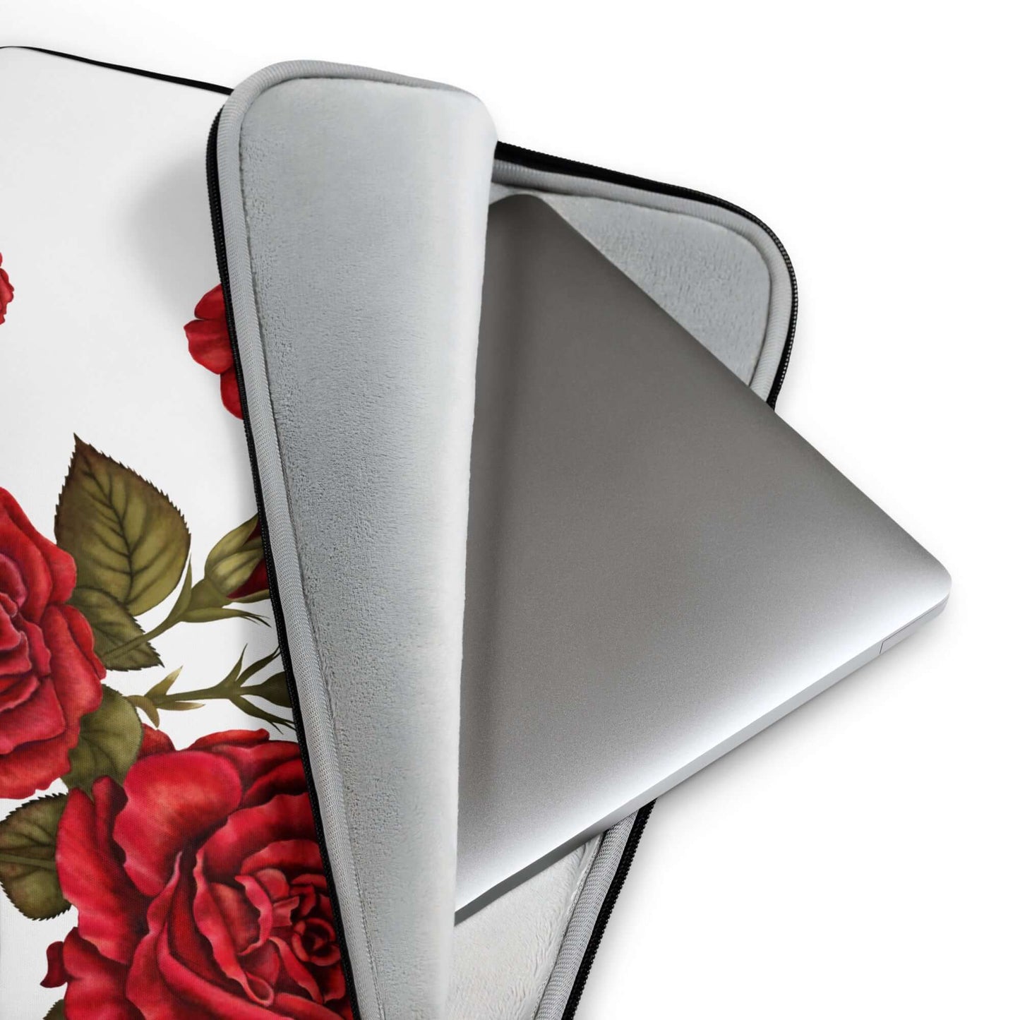 15'' red rose design laptop sleeves cornet view with open zip and laptop slightly extracted