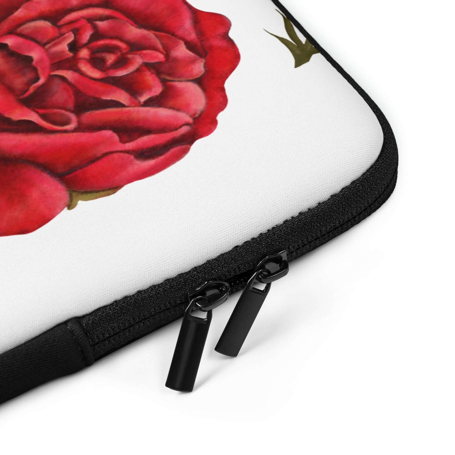 detailed of double zipper of 15'' red rose design laptop sleeves 