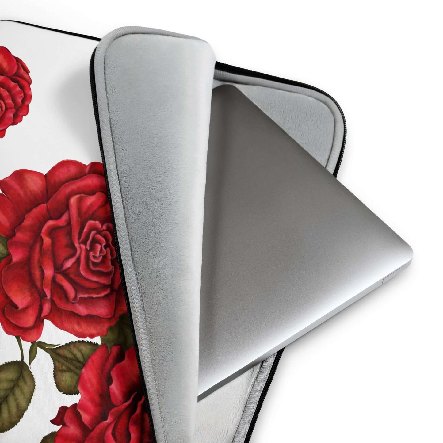 15'' red rose design corner of laptop sleeves with open zip and laptop corner visible