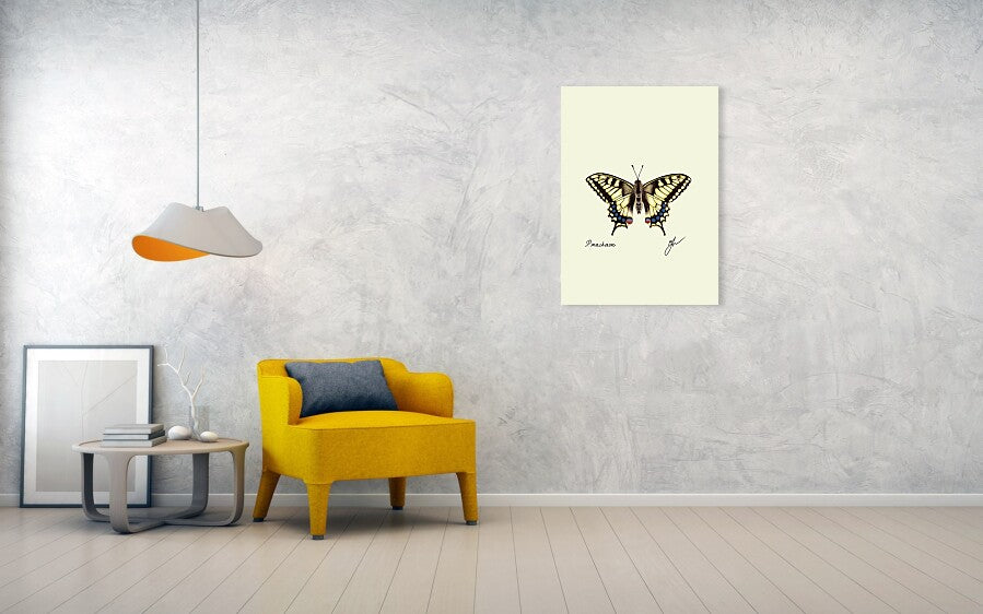 Machaon art print hanging on a grey wall next to a yellow chair. 