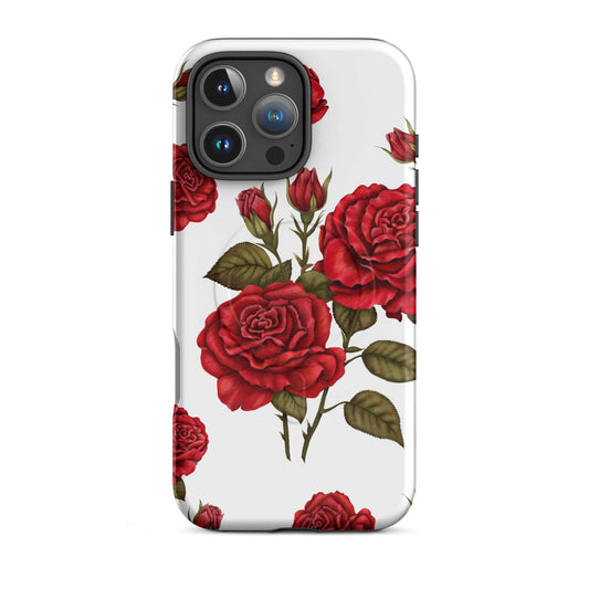 MagSafe tough case for iPhone featuring red rose design, ideal romantic San Valentine gift for mobile phone protection.