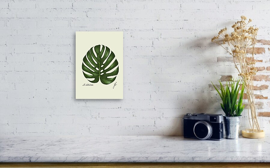 monstera canvas print on white wall. on a table a camera and a plant. 