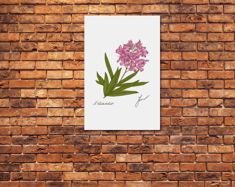 oleander metal poster on a red brick wall