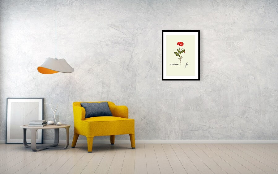 papaver-fine art print with black frame hanging on a wall next to a yellow sofa and a lamp