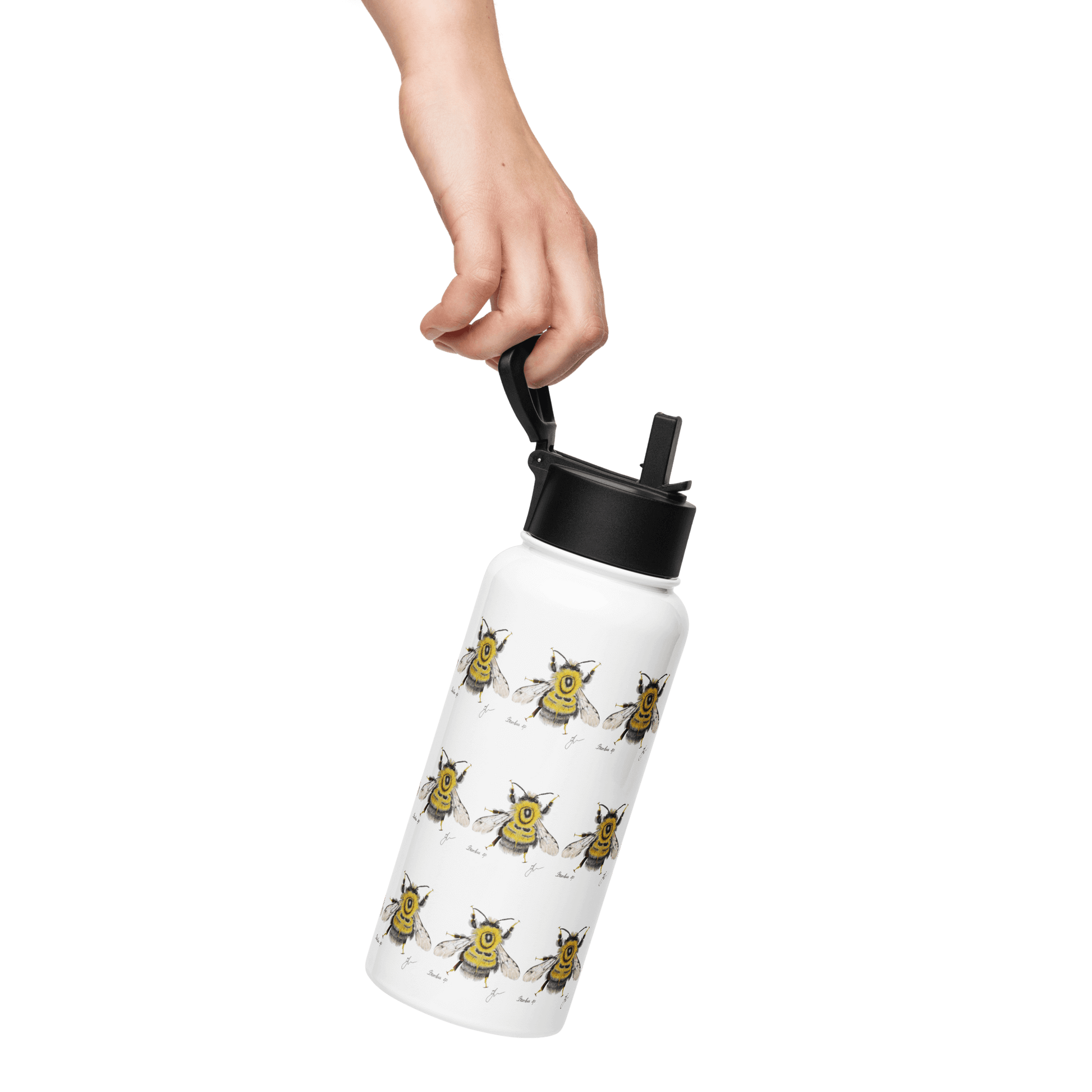 Hand holding a personalized Bumblebee water bottle with playful illustrations on a white background, perfect for gifts.