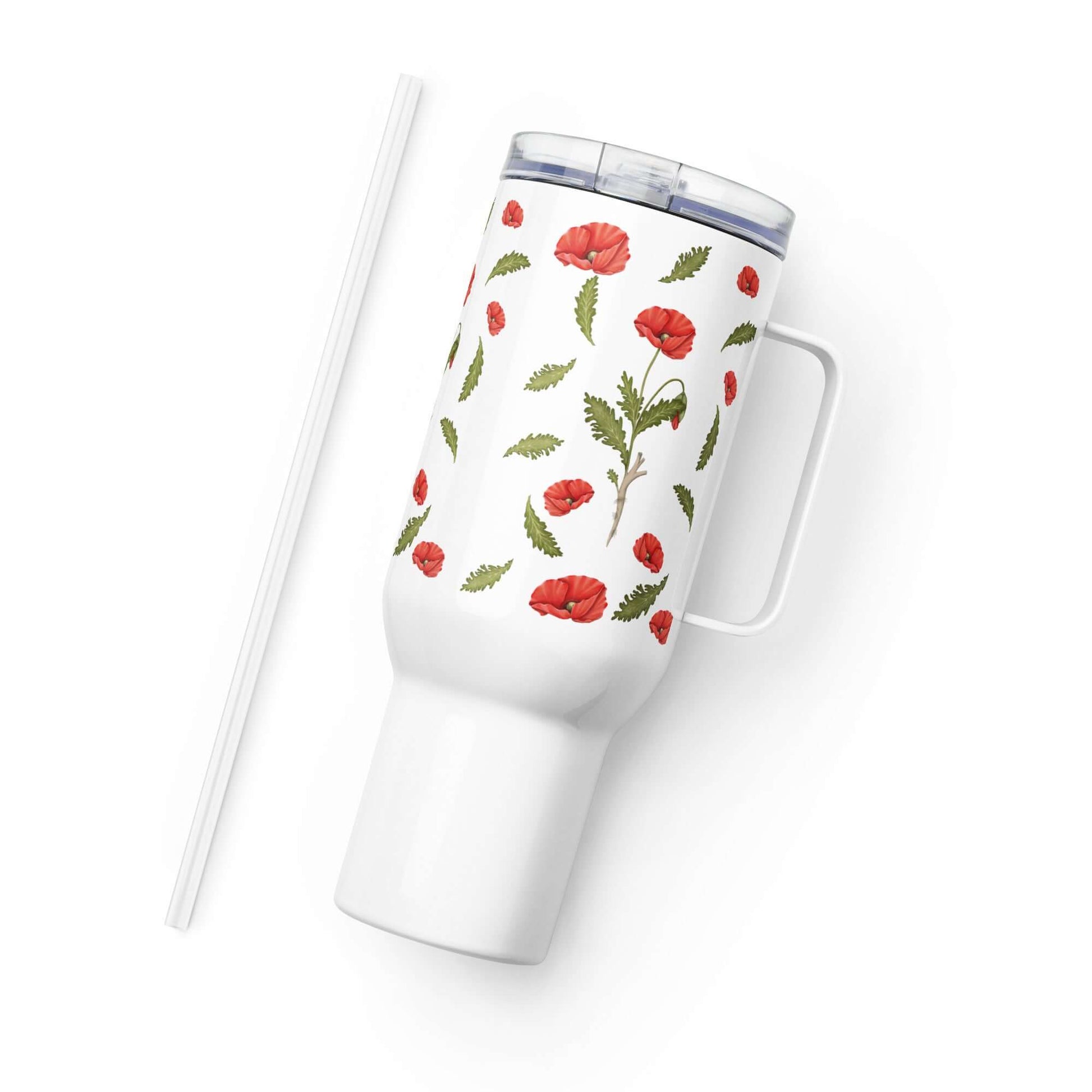 Poppy Design Insulated Tumbler with Handle and Straw, 25oz or 40oz, for hot and cold beverages. Stylish drinkware for travel.